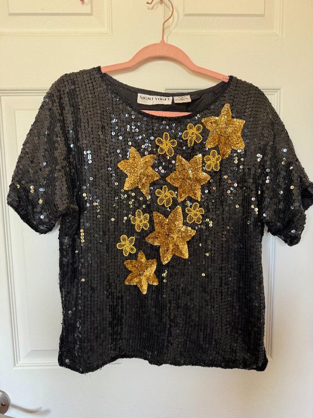 Vintage Night Vogue Sequin Gold Star Silk Blouse Size M